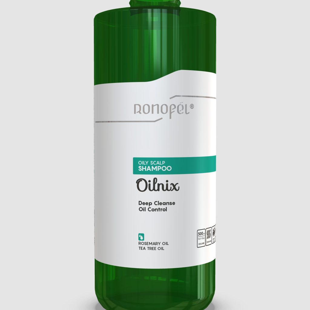 بطری سبز و سفید شامپوی Ronofel Oilnix مخصوص پوست سر چرب، با قابلیت پاک‌کنندگی عمیق و کنترل چربی، حاوی عصاره‌ی رزماری و روغن درخت چای.