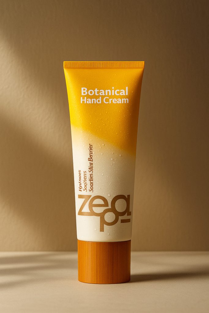 طراحی تیوب کرم دست ایستاده روی زمین با زمینه ای به رنگ قهوه ای و نور ملایم افتاب روی محصول. رنگ درب تیوب قهوه ای و بدنه تیوب از بالا گردینت زرد به کرم است