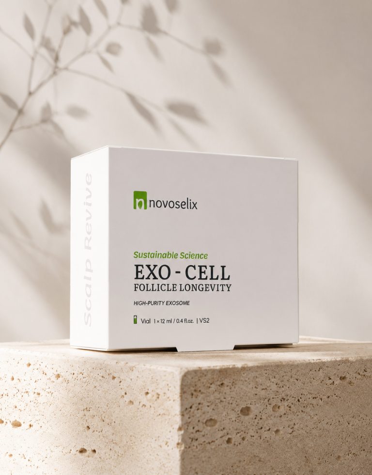 موکاپ لوکس و رئالیستی جعبه سفید Novoselix روی پلتفرم سنگی با نور طبیعی و سایه برگ درخت
